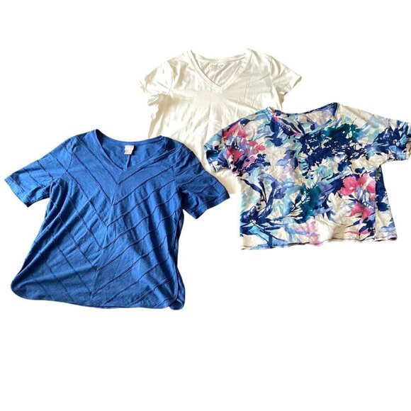 Bundle of 3 Chico's Short Sleeve Tee Tops Sz 2(L/12) Blues & White #316A - Picture 2 of 5